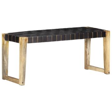 Black Real Leather & Mango Wood Bench - 110 cm | Hipomarket