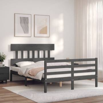 Grey Double Bed Frame with Headboard - Solid Wood