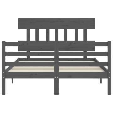 Grey Double Bed Frame with Headboard - Solid Wood