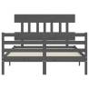 Grey Double Bed Frame with Headboard - Solid Wood