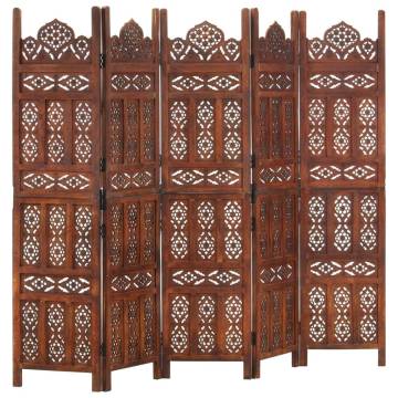 Hand Carved 5-Panel Room Divider - Solid Mango Wood 200x165cm