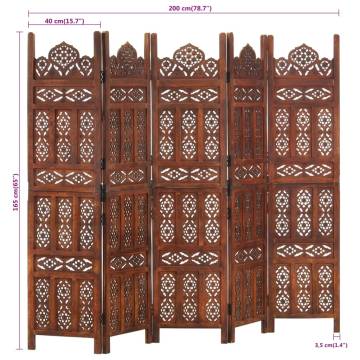 Hand Carved 5-Panel Room Divider - Solid Mango Wood 200x165cm