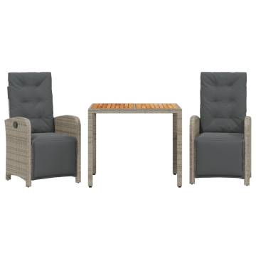 3 Piece Bistro Set with Cushions - Grey Poly Rattan