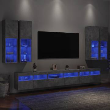 7 Piece TV Wall Cabinet Set with LED Lights - Concrete Grey