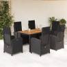 7 Piece Garden Dining Set with Cushions - Black Poly Rattan