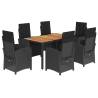 7 Piece Garden Dining Set with Cushions - Black Poly Rattan