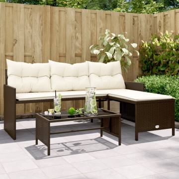 L-Shaped Garden Sofa with Table & Cushions - Brown Poly Rattan