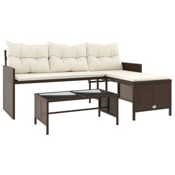 L-Shaped Garden Sofa with Table & Cushions - Brown Poly Rattan