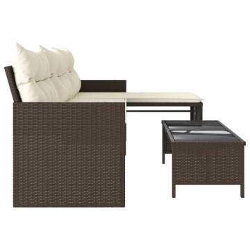 L-Shaped Garden Sofa with Table & Cushions - Brown Poly Rattan