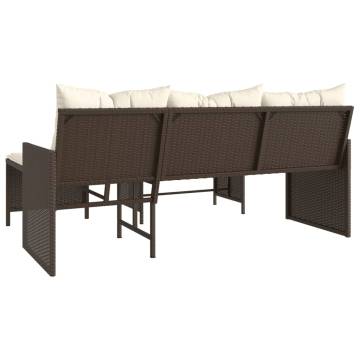 L-Shaped Garden Sofa with Table & Cushions - Brown Poly Rattan