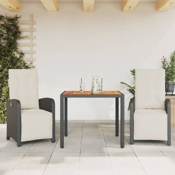 3 Piece Bistro Set with Cushions - Black Poly Rattan