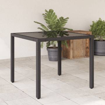 Garden Table with Glass Top Black | 90x90 cm Poly Rattan