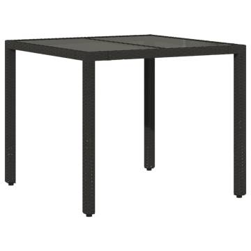 Garden Table with Glass Top Black | 90x90 cm Poly Rattan