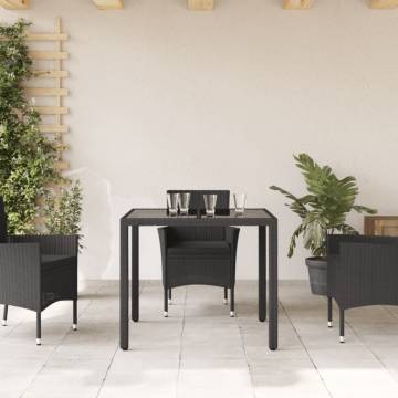 Garden Table with Glass Top Black | 90x90 cm Poly Rattan