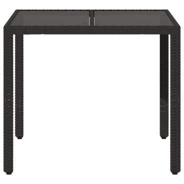 Garden Table with Glass Top Black | 90x90 cm Poly Rattan