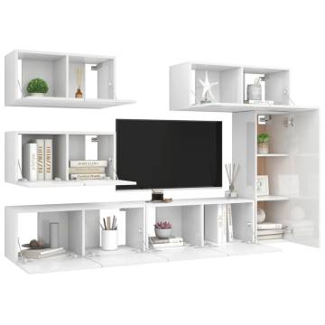 6 Piece High Gloss White TV Cabinet Set - Modern Design