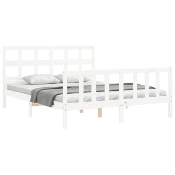 King Size White Bed Frame with Headboard - Solid Pine Wood