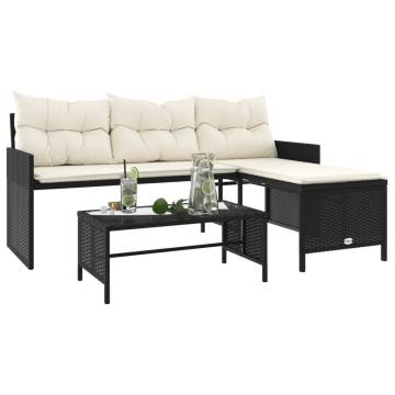 L-Shaped Garden Sofa Set with Table & Cushions - Black Rattan