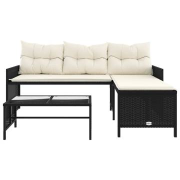 L-Shaped Garden Sofa Set with Table & Cushions - Black Rattan