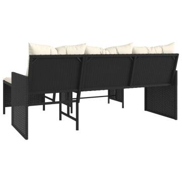 L-Shaped Garden Sofa Set with Table & Cushions - Black Rattan