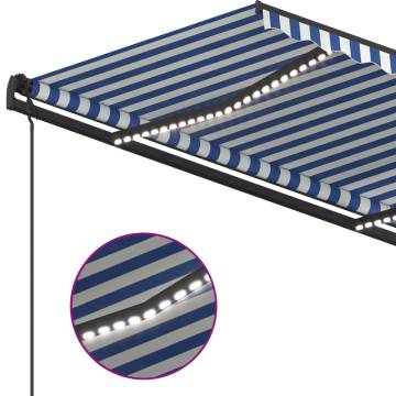 Manual Retractable Awning with LED - 4.5x3.5 m Blue & White