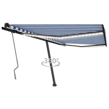 Manual Retractable Awning with LED - Blue & White 450x350 cm