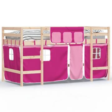 Kids' Loft Bed with Pink Curtains - Solid Pine Wood 90x190cm