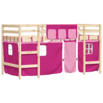 Kids' Loft Bed with Pink Curtains - Solid Pine Wood 90x190cm