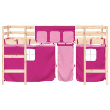 Kids' Loft Bed with Pink Curtains - Solid Pine Wood 90x190cm