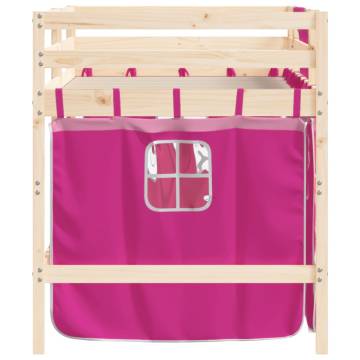 Kids' Loft Bed with Pink Curtains - Solid Pine Wood 90x190cm