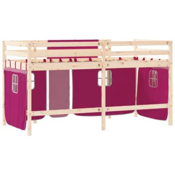 Kids' Loft Bed with Pink Curtains - Solid Pine Wood 90x190cm