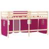 Kids' Loft Bed with Pink Curtains - Solid Pine Wood 90x190cm