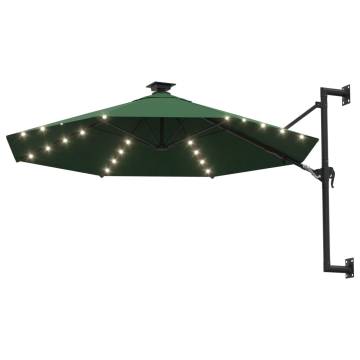 Wall-mounted Parasol with LEDs & Metal Pole - 300 cm Green