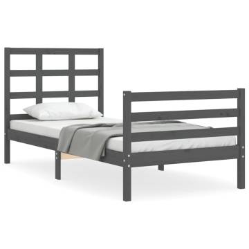 Stylish Grey Bed Frame with Headboard | 90x200 cm Solid Wood