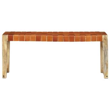 Bench 110 cm Brown Real Leather & Solid Mango Wood - HiPoMarket