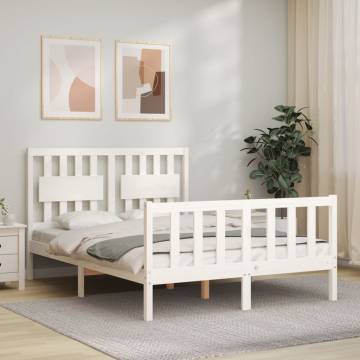 Stylish White Bed Frame with Headboard - 140x190 cm Solid Wood