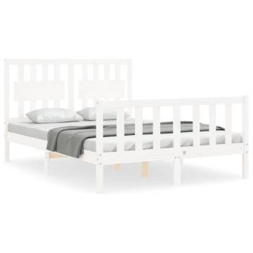 Stylish White Bed Frame with Headboard - 140x190 cm Solid Wood