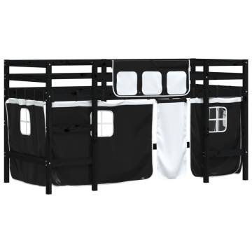 Kids' Loft Bed with Curtains - White & Black 80x200cm Pine