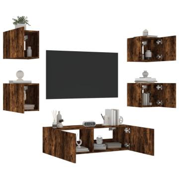 5 Piece TV Wall Cabinets with LED Lights in Smoked Oak