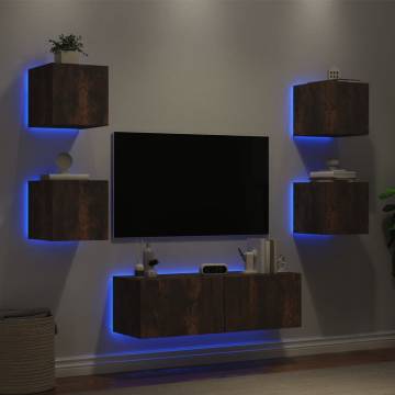 5 Piece TV Wall Cabinets with LED Lights in Smoked Oak