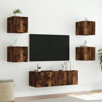 5 Piece TV Wall Cabinets with LED Lights in Smoked Oak