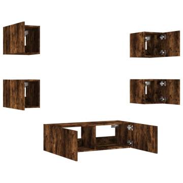 5 Piece TV Wall Cabinets with LED Lights in Smoked Oak