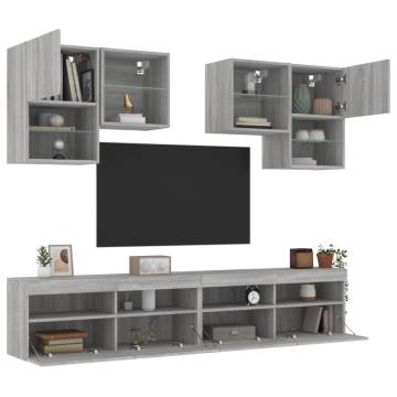 6 Piece TV Wall Cabinet Set with LED Lights - Grey Sonoma