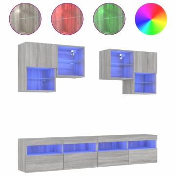 6 Piece TV Wall Cabinet Set with LED Lights - Grey Sonoma