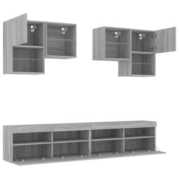 6 Piece TV Wall Cabinet Set with LED Lights - Grey Sonoma