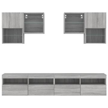 6 Piece TV Wall Cabinet Set with LED Lights - Grey Sonoma