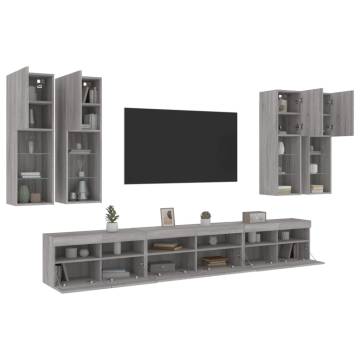 7 Piece TV Wall Cabinet Set with LED Lights - Grey Sonoma