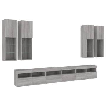 7 Piece TV Wall Cabinet Set with LED Lights - Grey Sonoma