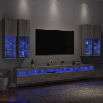 7 Piece TV Wall Cabinet Set with LED Lights - Grey Sonoma