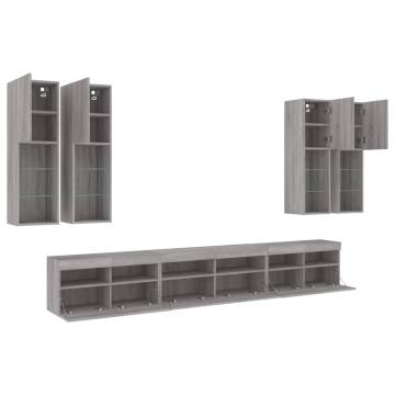 7 Piece TV Wall Cabinet Set with LED Lights - Grey Sonoma